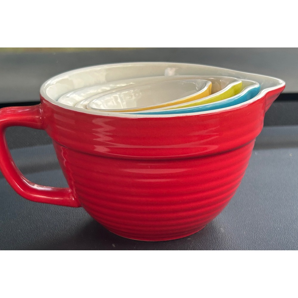 Creative Co-Op Stoneware Nesting Measuring Cup Set 4 Piece Multicolor Ribbed